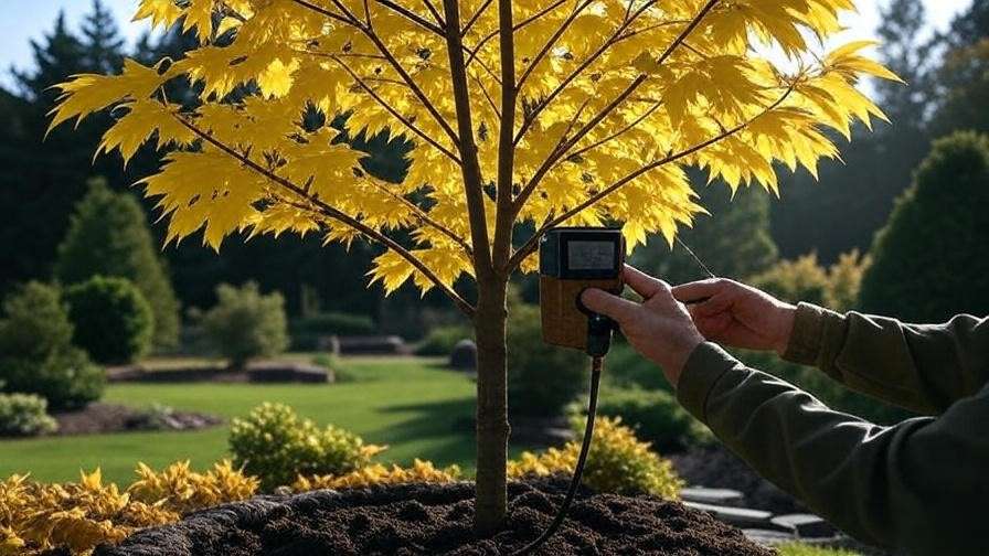Person using a soil moisture meter to troubleshoot yellowing leaves on a Princeton Gold Maple Tree."