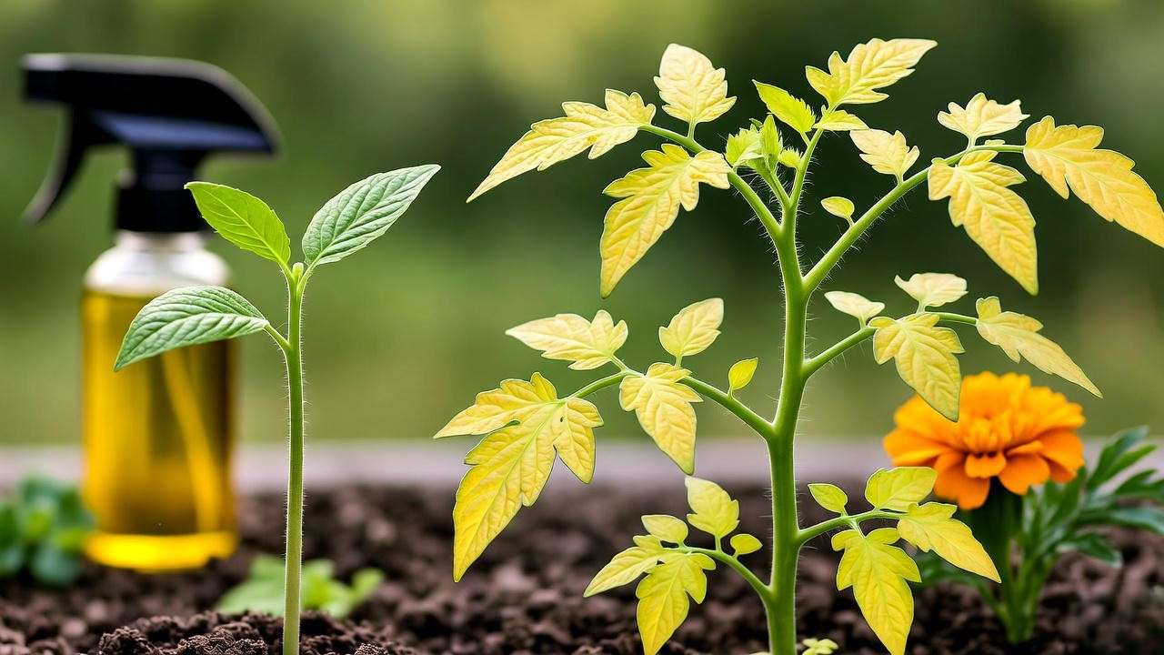 Tomato plant with yellow leaves and leggy seedling next to healthy plant with pest control items."