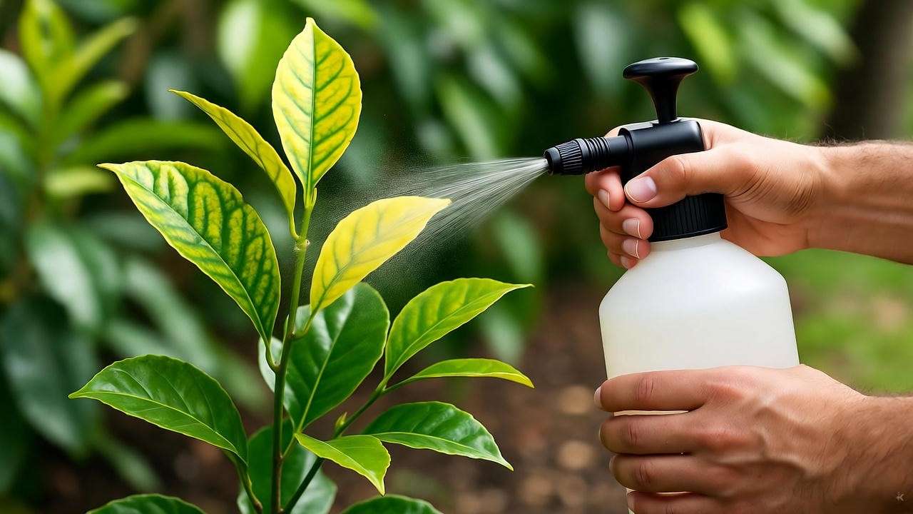 Treating yellowing kaffir lime leaves with foliar spray in a garden."