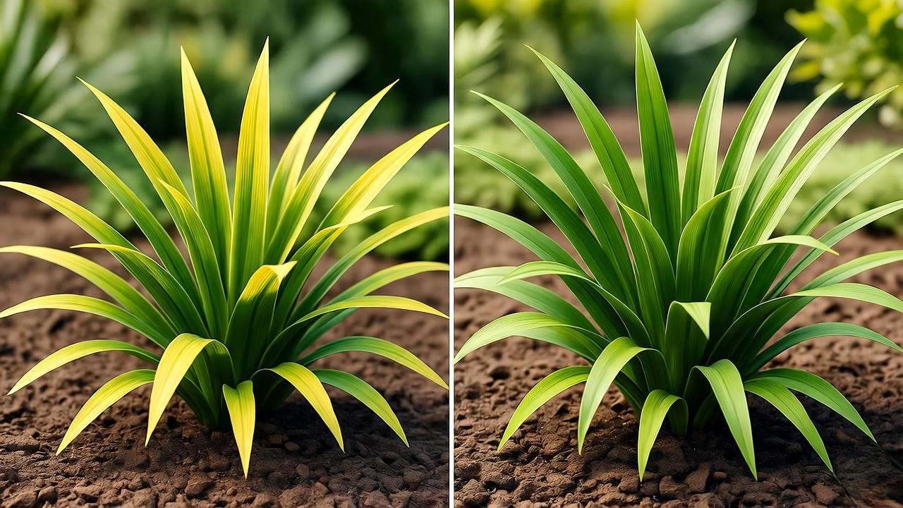 Comparison of overwatered Liriope with yellow leaves and a healthy green Liriope plant."