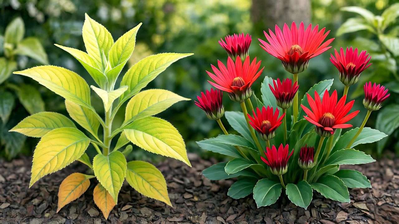 Comparison of a Little John Plant with yellowing leaves and a healthy plant.