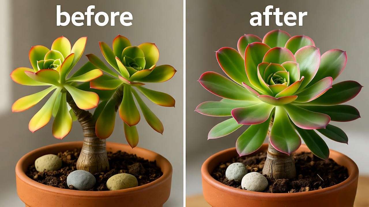 "Before and after of mountain rose plant recovery, yellow to healthy leaves."