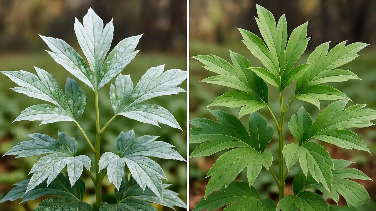 Peony plant with powdery mildew next to a healthy peony"