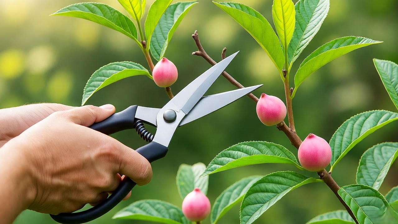 Gardener pruning a pink guava plant to remove dead branches in a healthy garden.