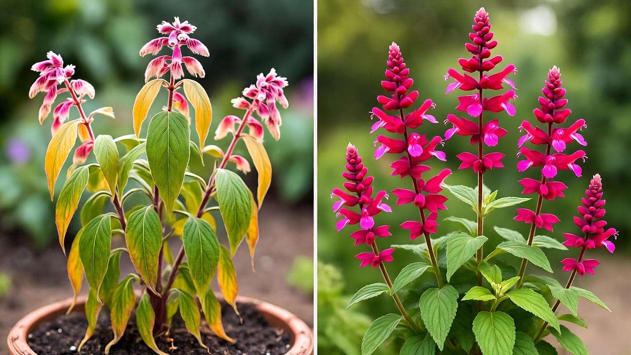 Comparison of wilting and healthy pink salvias plants in a garden."