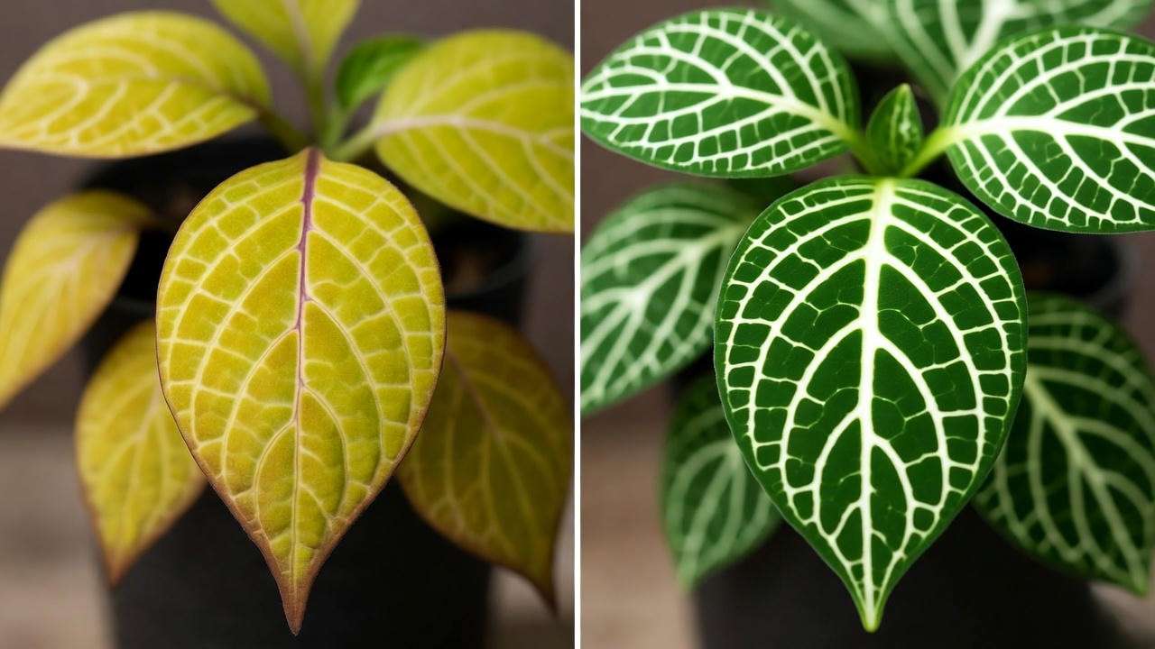 Nerve plant recovery from wilting to lush green leaves with vibrant veins indoors".