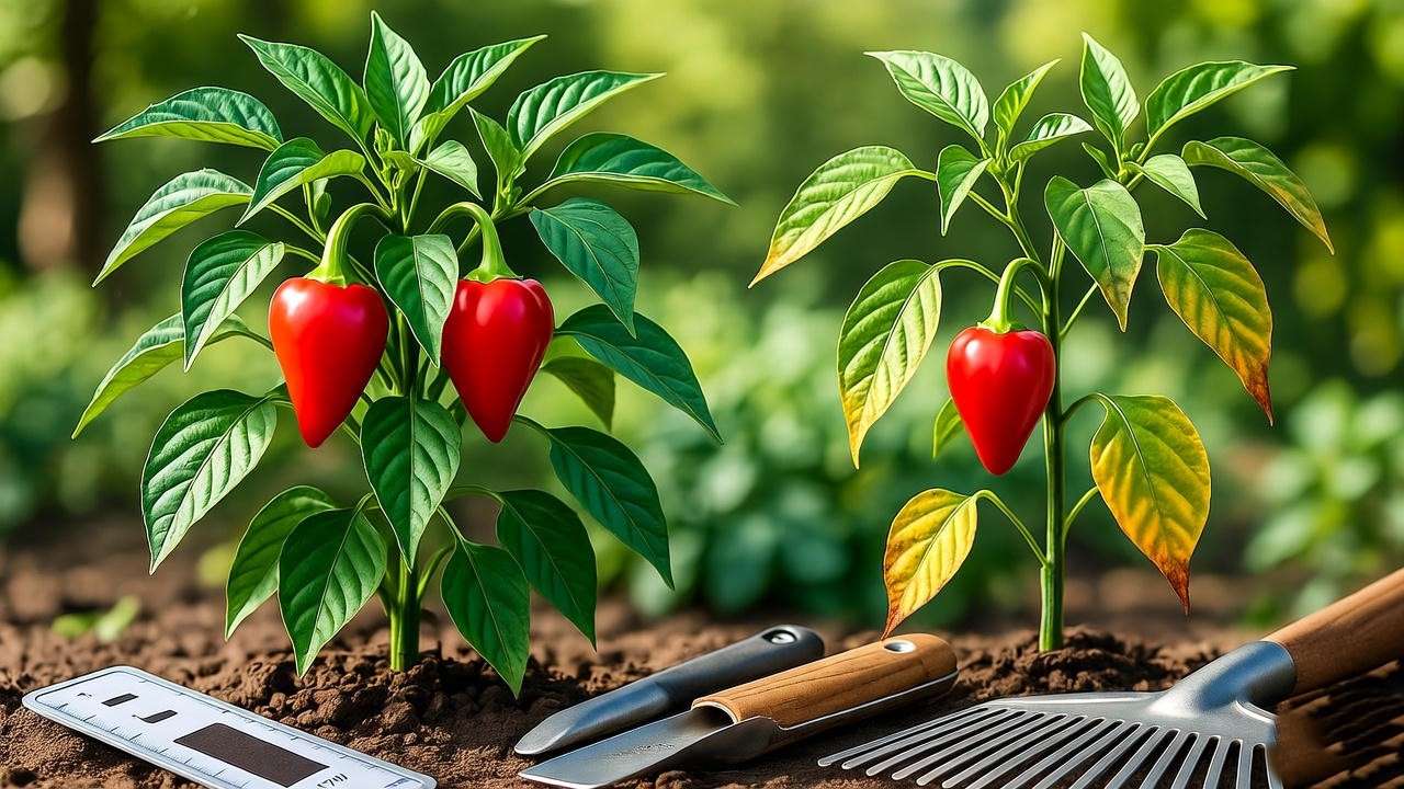 Healthy cherry hot pepper plant next to one with yellowing leaves and soil tester."