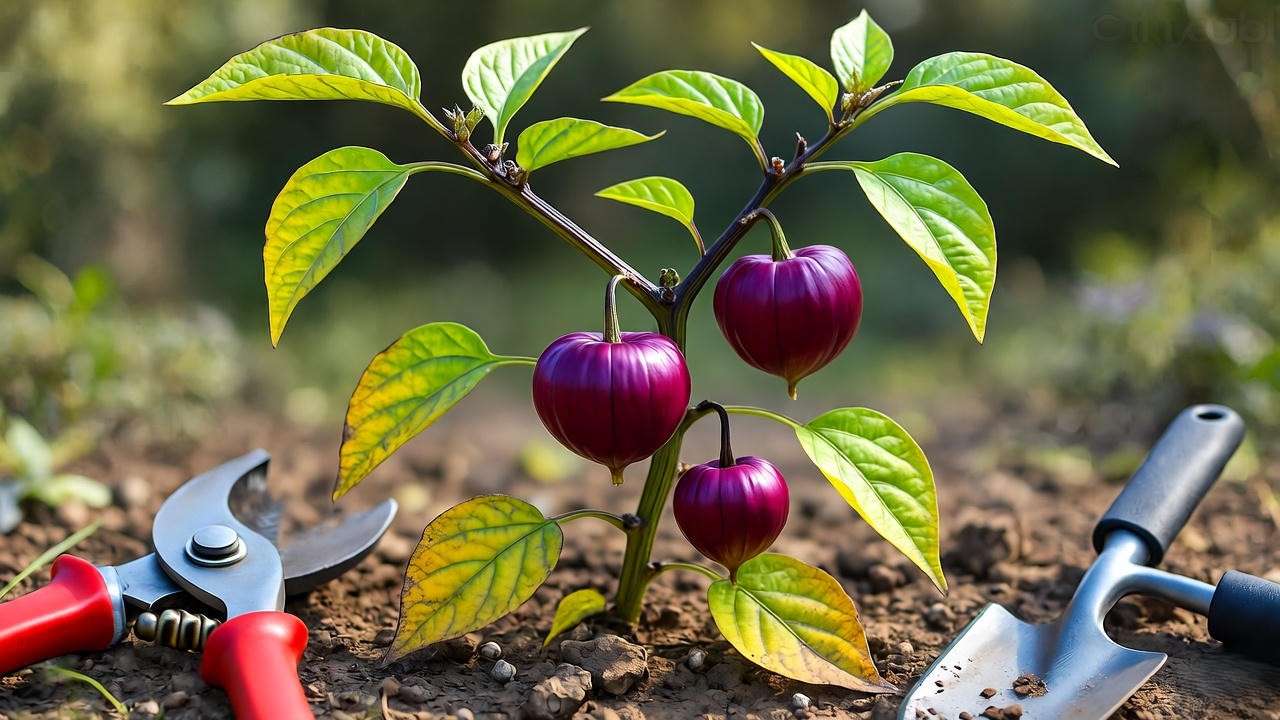 Purple tomatillo plant with yellow leaves and troubleshooting tools