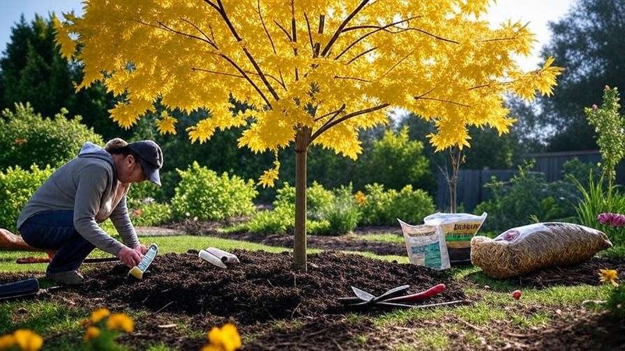 Sensation Maple Tree with yellowing leaves and person testing soil with pH kit."