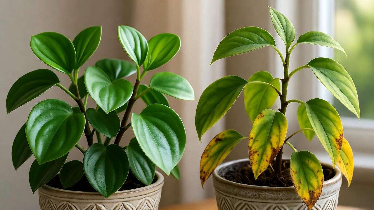 Comparison of healthy and unhealthy happy bean plant leaves showing glossy green vs. yellowing.