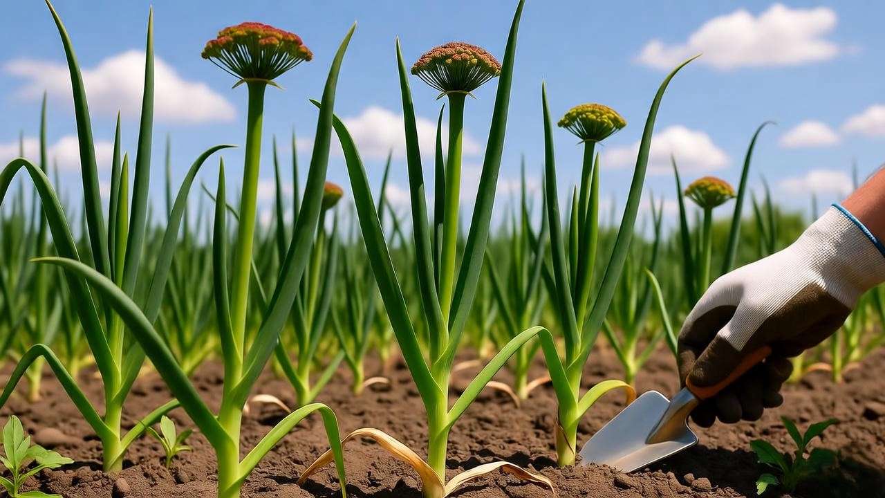 Gardener inspecting onion plants with bolting and healthy growth"