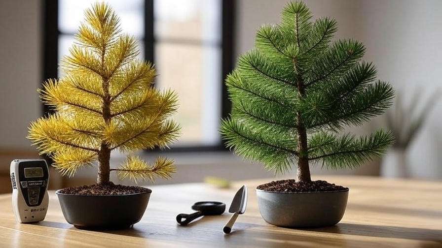 Potted pine tree with yellowing needles next to a healthy one for troubleshooting."