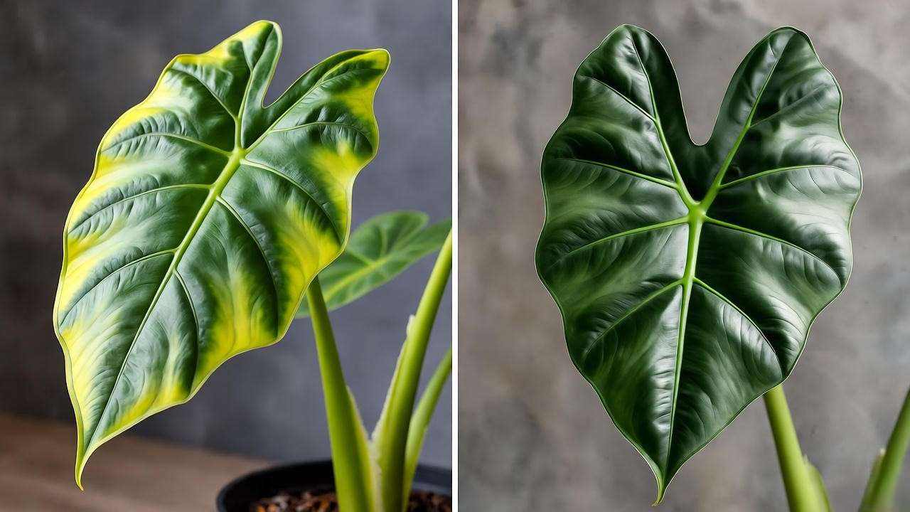 Side-by-side comparison showing a healthy, upright Alocasia Stingray leaf next to a severely drooping and yellowing leaf, demonstrating common symptoms of poor Stingray Plant Care.