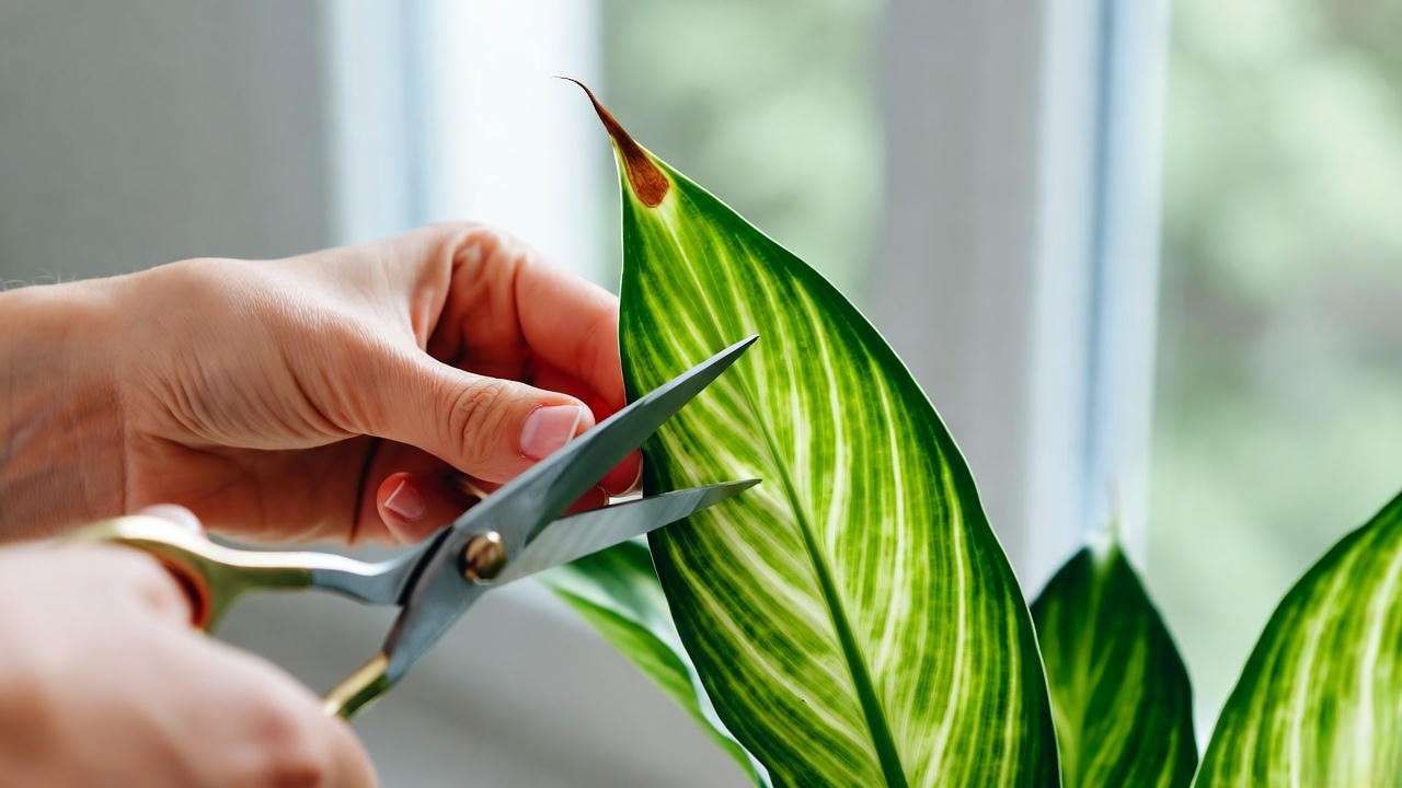 Hands using sharp scissors to precisely prune brown tips from a variegated peace lily leaf.
