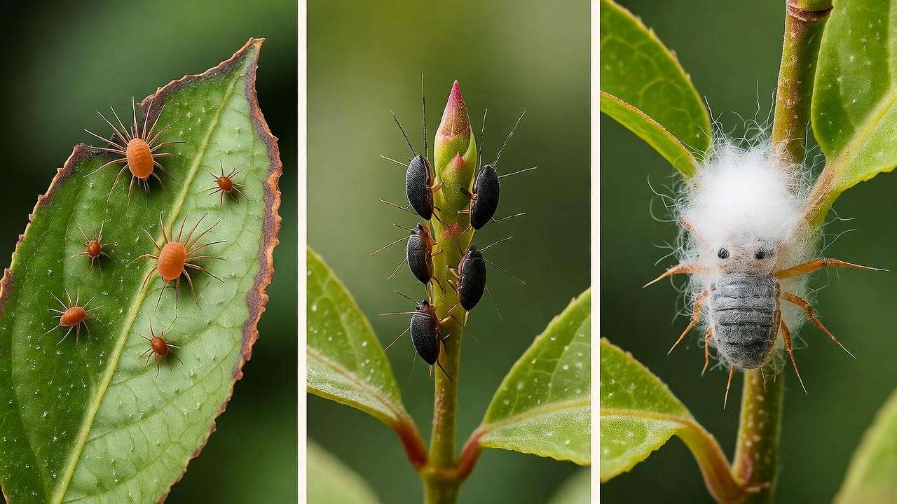 Close-up views of common Sambac Jasmine pests: spider mites, aphids, and mealybugs on leaves.