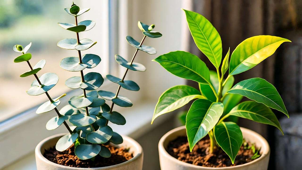 Close-up of healthy Eucalyptus gunnii and citriodora plants thriving indoors in modern pots."