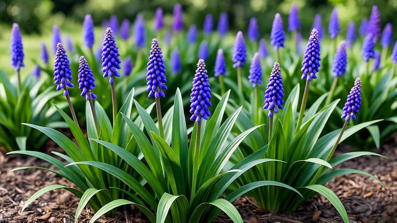 "Close-up of Liriope muscari with purple flowers and green foliage in a mulched garden bed."