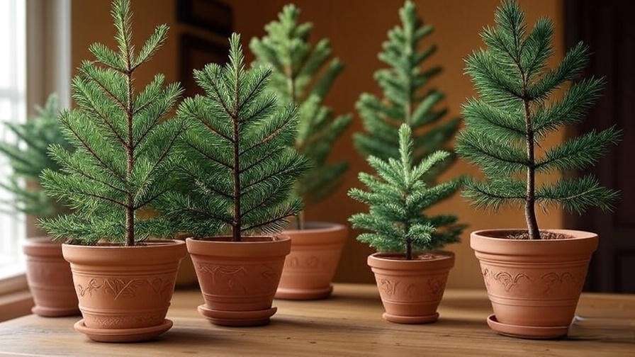 Variety of potted pine trees including Norfolk Island Pine and Dwarf Alberta Spruce in decorative pots indoors."