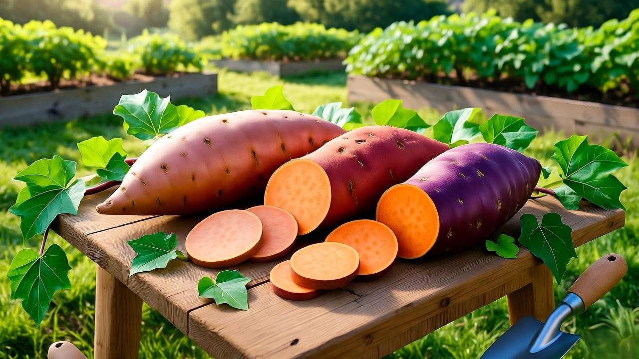Close-up of Beauregard, Jewel, and Purple Stokes sweet potatoes on a wooden table with green vines, showcasing vibrant colors in a garden setting.