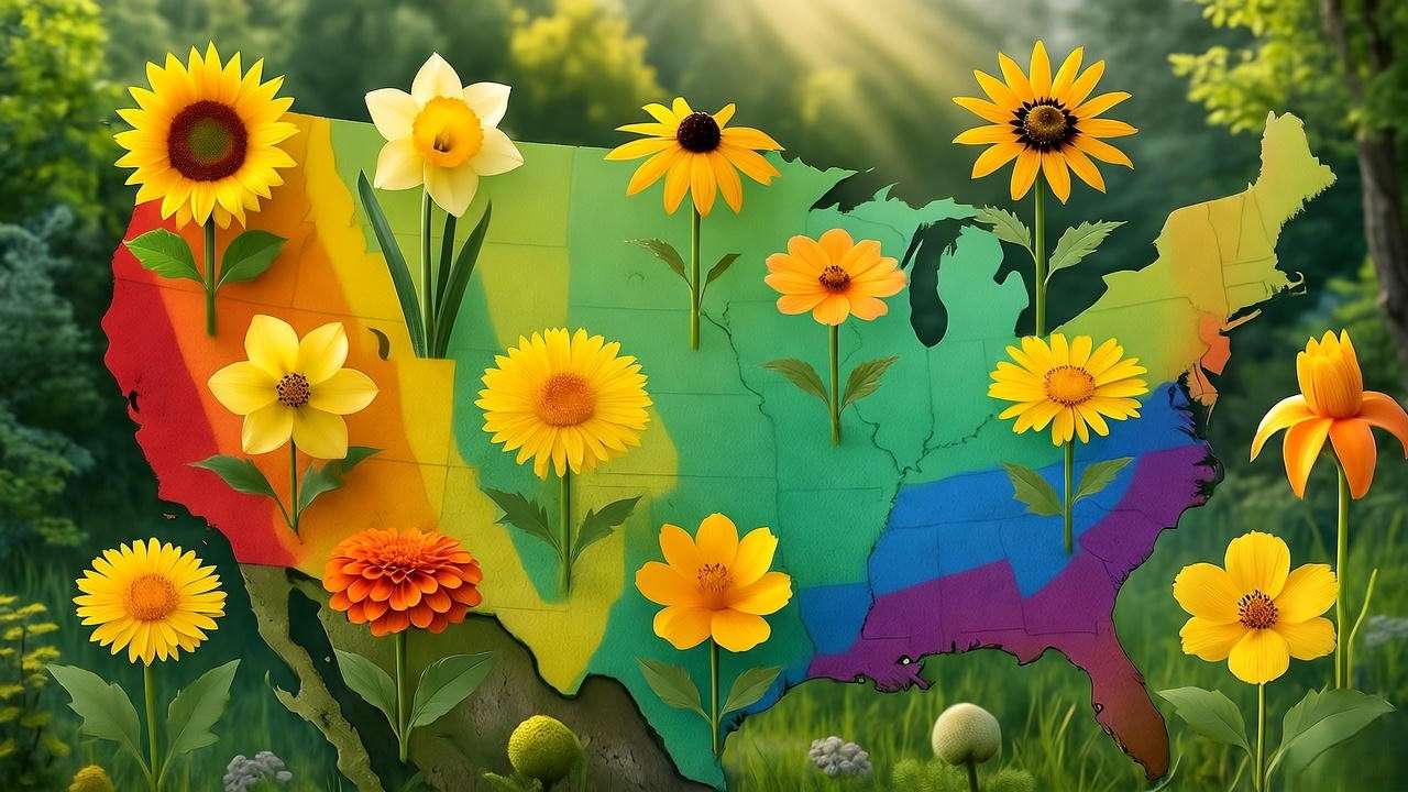 USDA hardiness zone map with compatible yellow flowering plants illustrated for garden planning