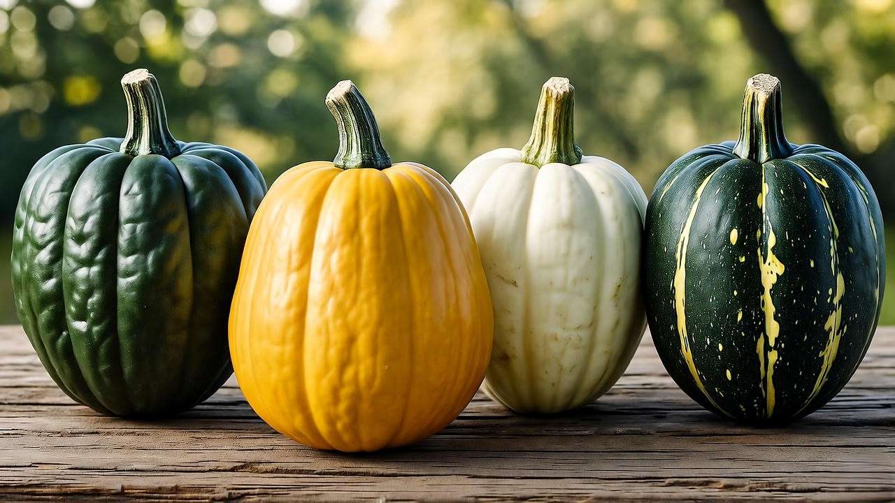 Four acorn squash varieties for climate selection: Table Ace, Honey Bear, Cream of the Crop, Jesuit