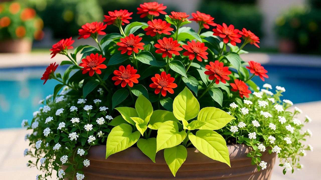 Red lantana container garden with sweet potato vine and bacopa