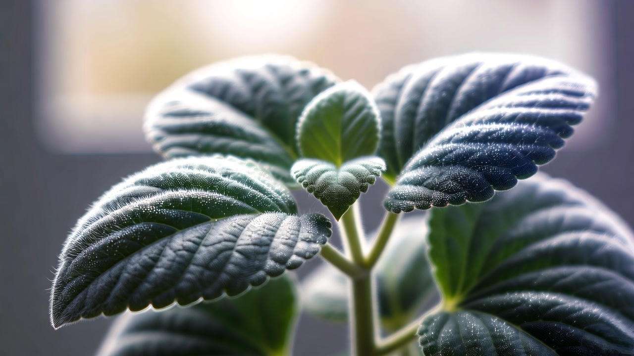 Close-up of bubble gum plant silver velvety leaves with water droplets in soft light