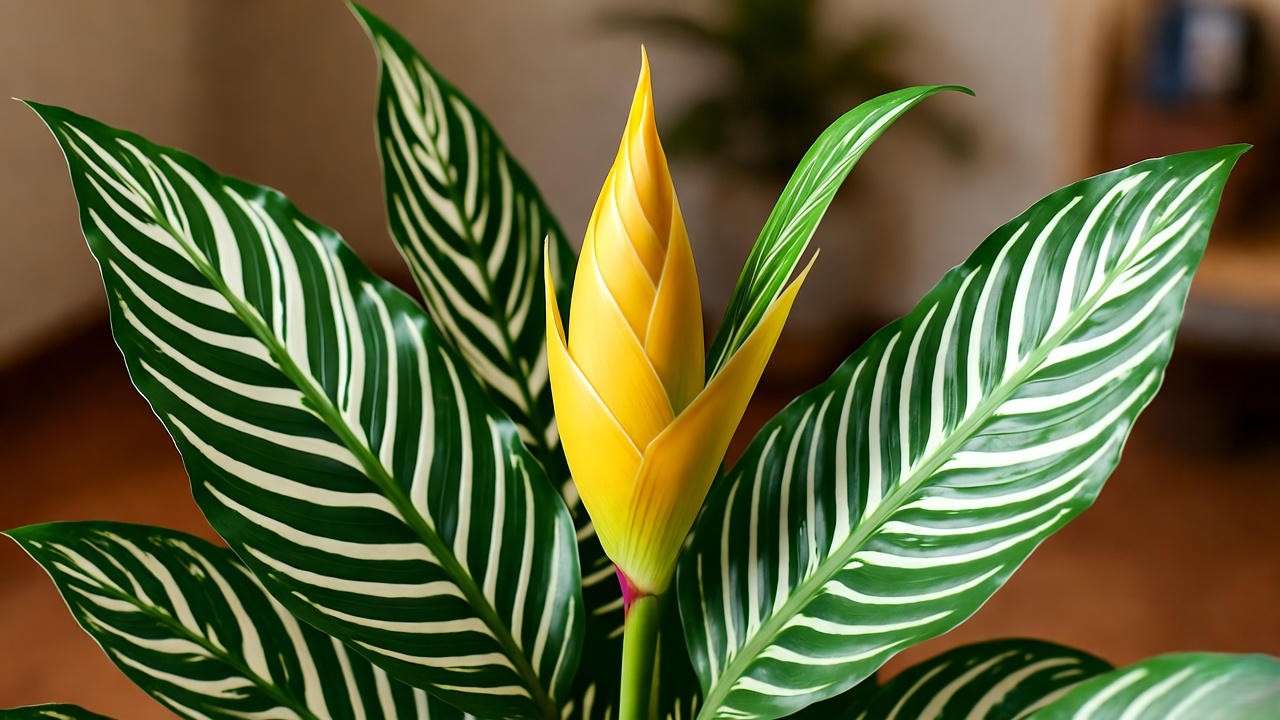 Zebra plant with yellow flower bract in a warm indoor corner."