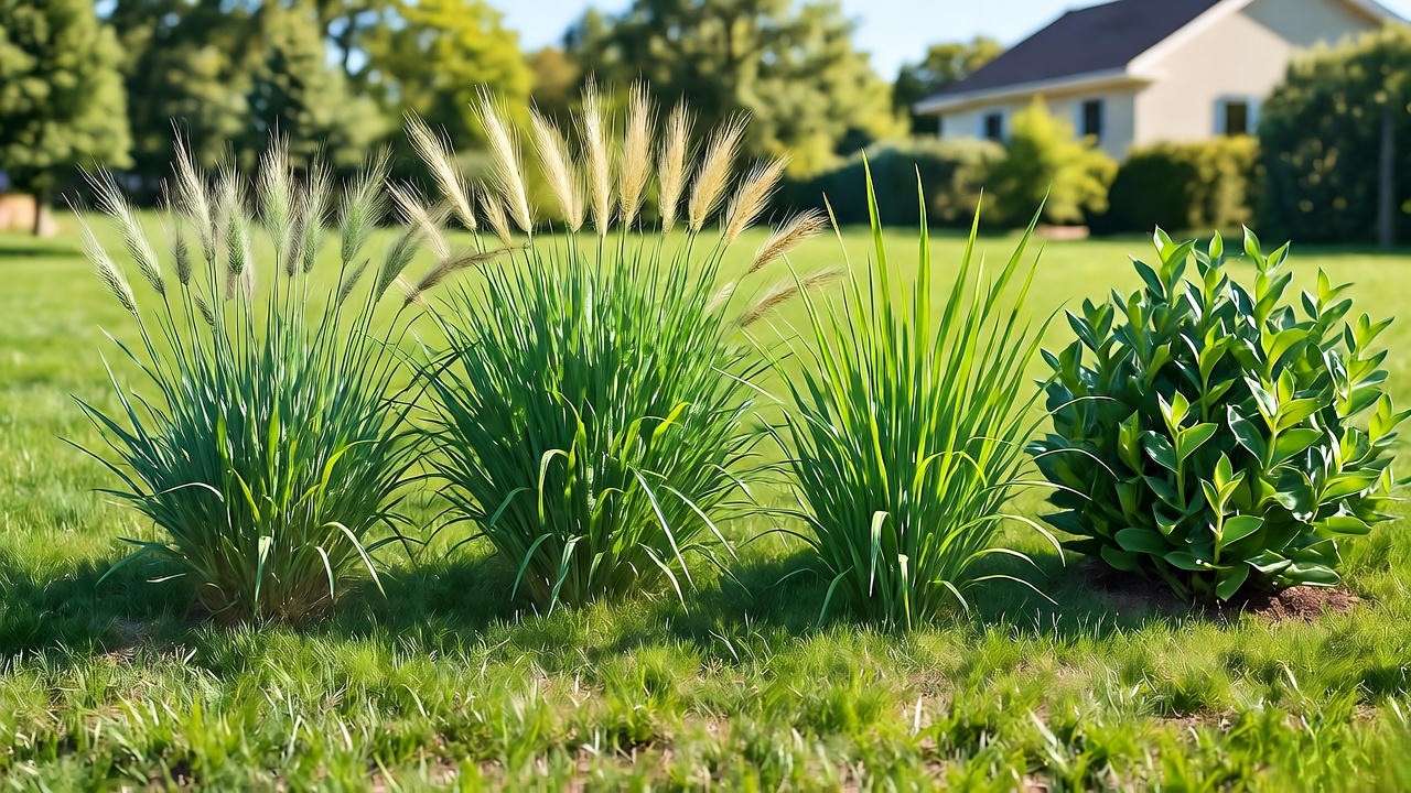Close-up of lush Kentucky bluegrass, tall fescue, Bermuda, and Zoysia grass plants in a garden, showcasing vibrant lawn varieties.