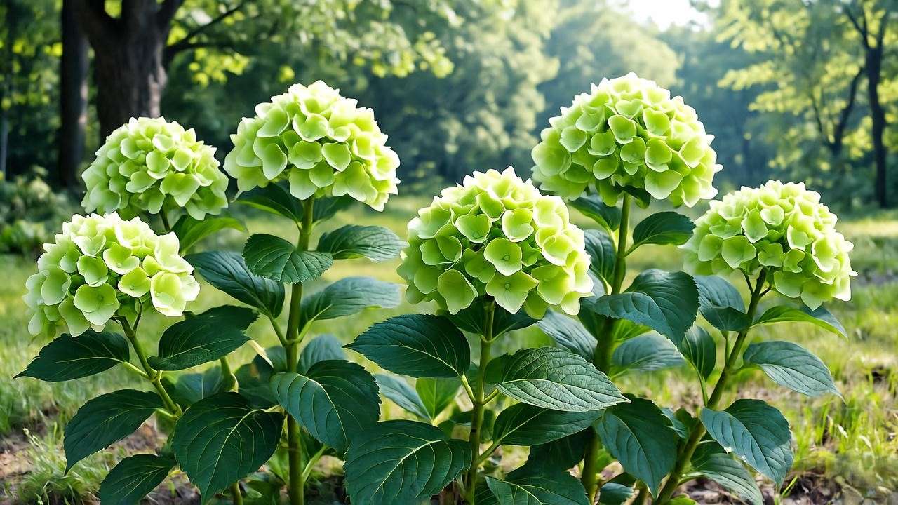 "Close-up of thriving green hydrangea plants with lime-green blooms in a shaded garden"
