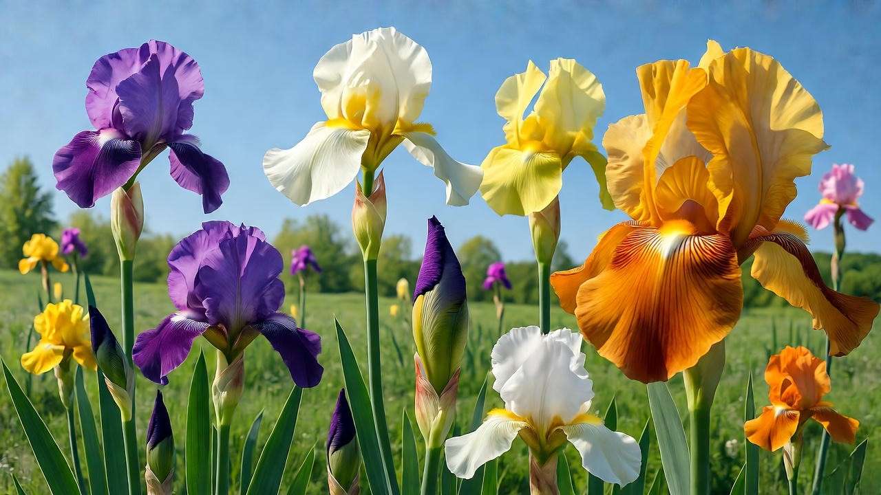 Vibrant iris flowers of bearded, Siberian, Dutch, and Louisiana varieties in a sunny garden, showcasing diverse colors and heights.