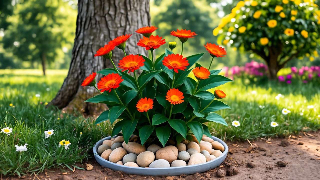 Pericallis plant thriving in partial shade with well-draining soil and a humidity pebble tray."