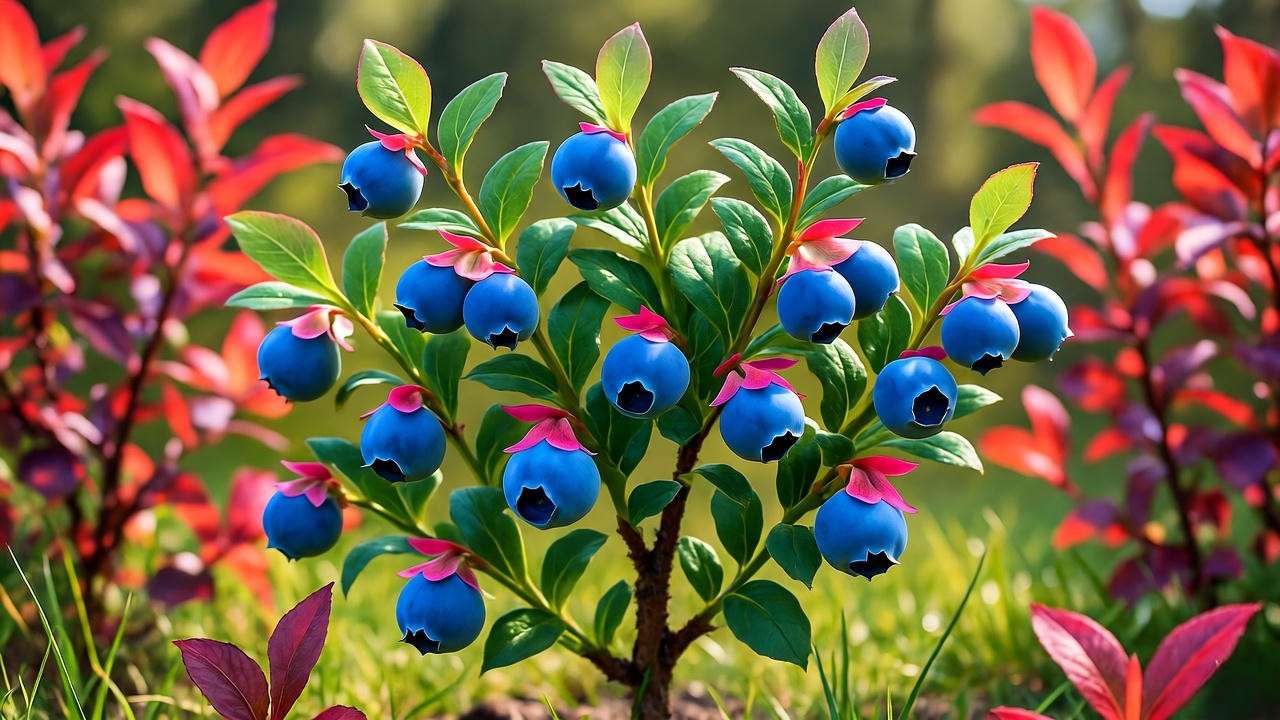 "Compact Blueberry Sunshine Blue plant with ripe berries, pink blossoms, and red foliage in a sunny garden."