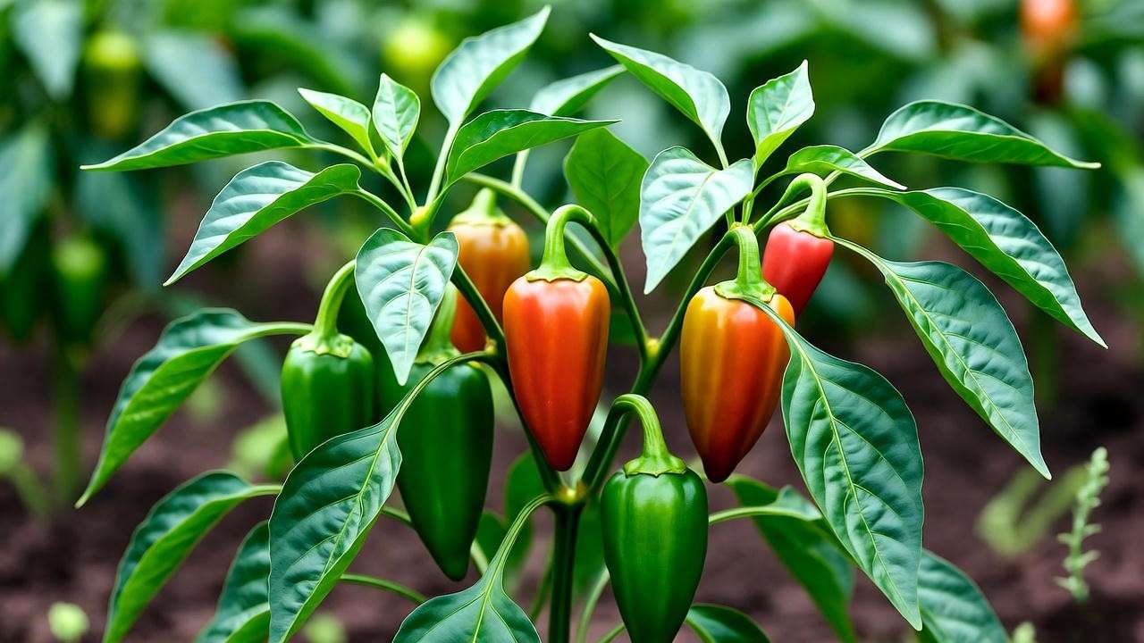 Healthy Bruscotia pepper plant with green and red peppers in a sunny garden".