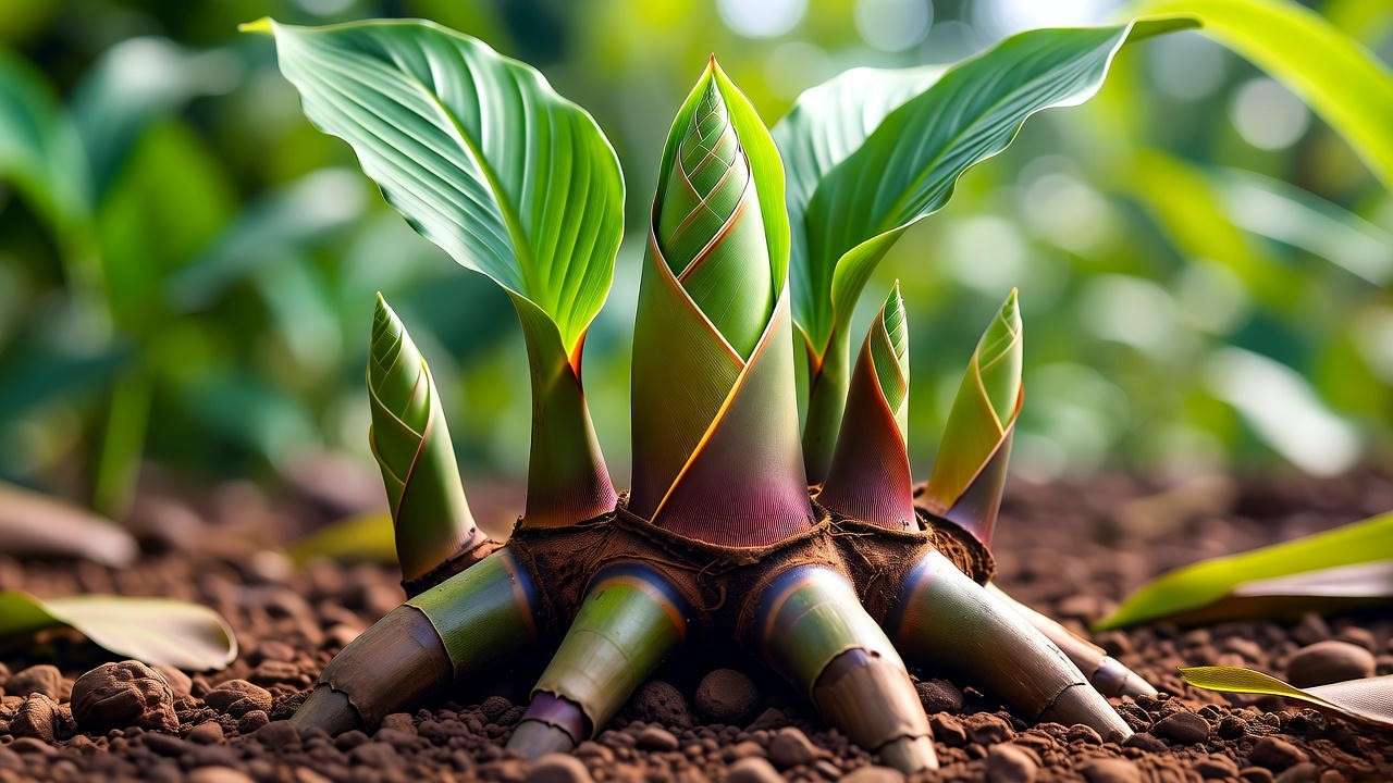 Ginger plant rhizomes and pseudostems close-up for botany primer.