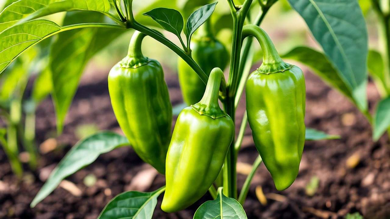 Close-up of a thriving hot banana pepper plant with green peppers and lush leaves in garden soil."