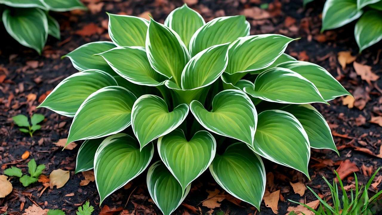 Close-up of white hosta plant leaves with variegated patterns in rich soil and mulch"