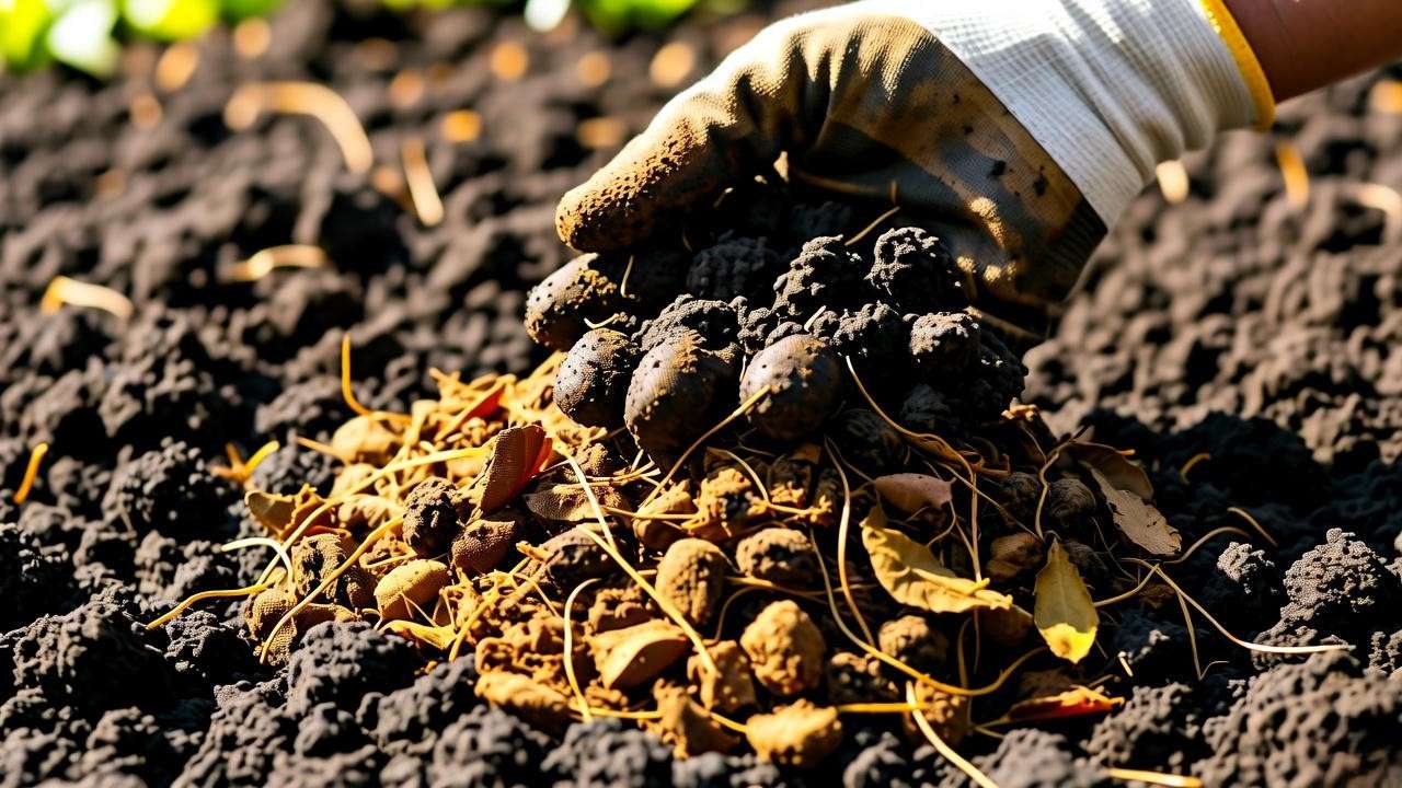 Rich garden soil being amended with compost for planting a Tropicana rose.