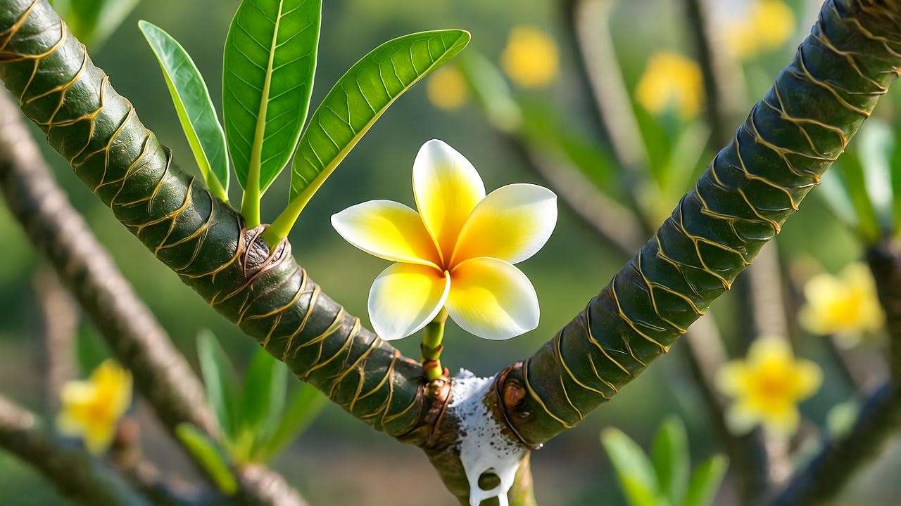 Close-up of healthy yellow plumeria plant showing glossy leaves, succulent stem, and vibrant yellow bloom