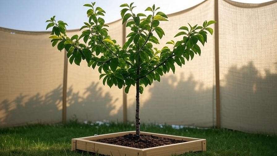 Cherry tree with shade cloth and windbreak for drought." 