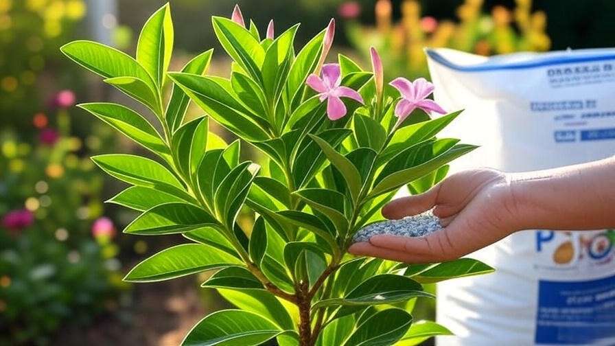 Dipladenia plant with hand adding balanced fertilizer to soil".