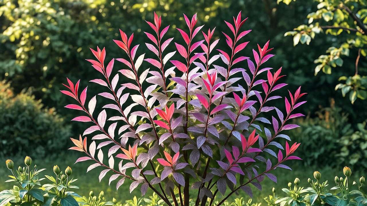 Dappled willow shrub as a focal point with pink growth and marigolds in a garden."