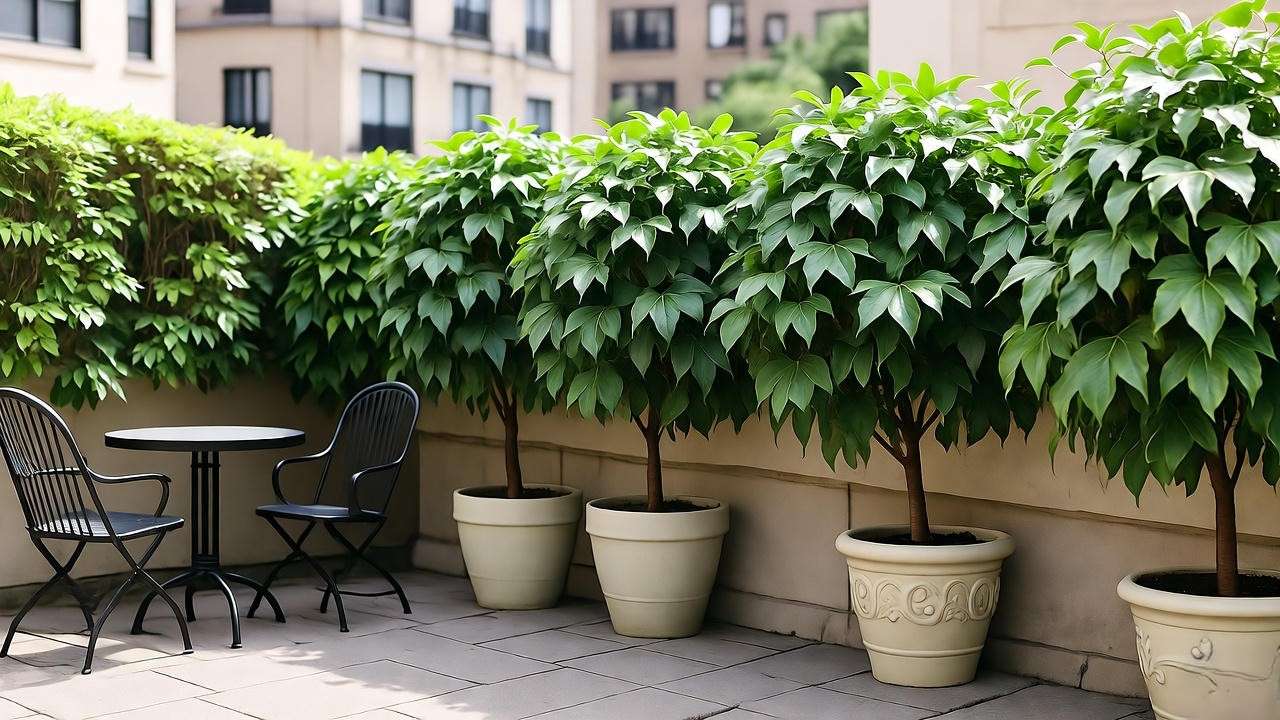 Potted Ficus microcarpa hedges as a privacy screen on an urban patio."