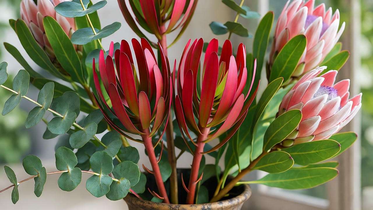 Floral arrangement with leucadendron stems, eucalyptus, and proteas in a rustic vase."