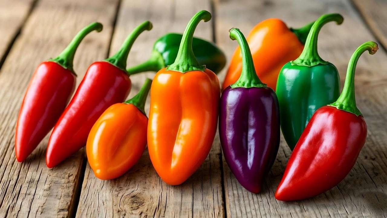 Assorted bird's eye pepper varieties, including Thai, African piri piri, and Numex Twilight, displayed on a wooden surface, highlighting their colorful diversity.