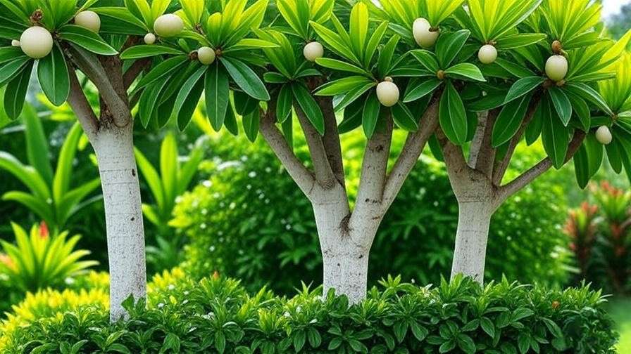 Three white sapote tree varieties with glossy leaves and ripe fruit in a tropical garden."