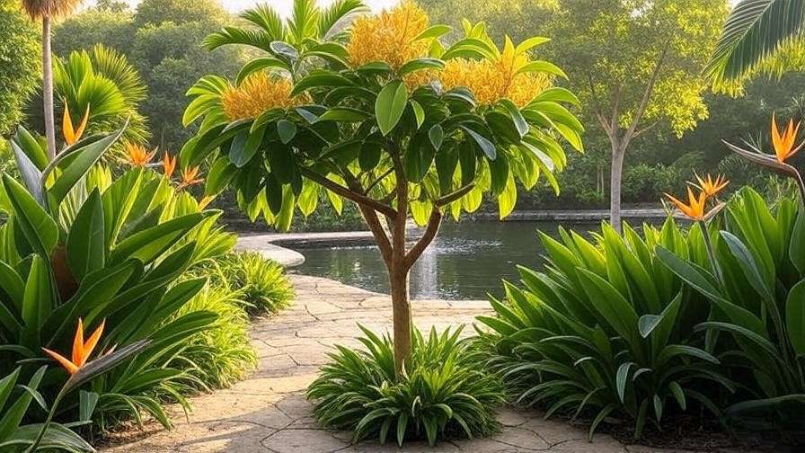 Tropical garden with verawood tree and companion plants along a stone pathway".