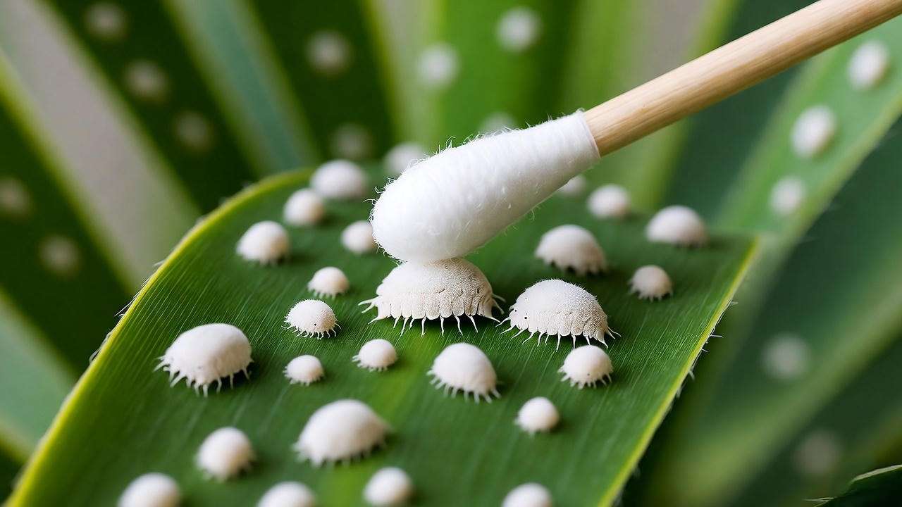 reating mealybugs on yucca cane plant with isopropyl alcohol cotton swab close-up