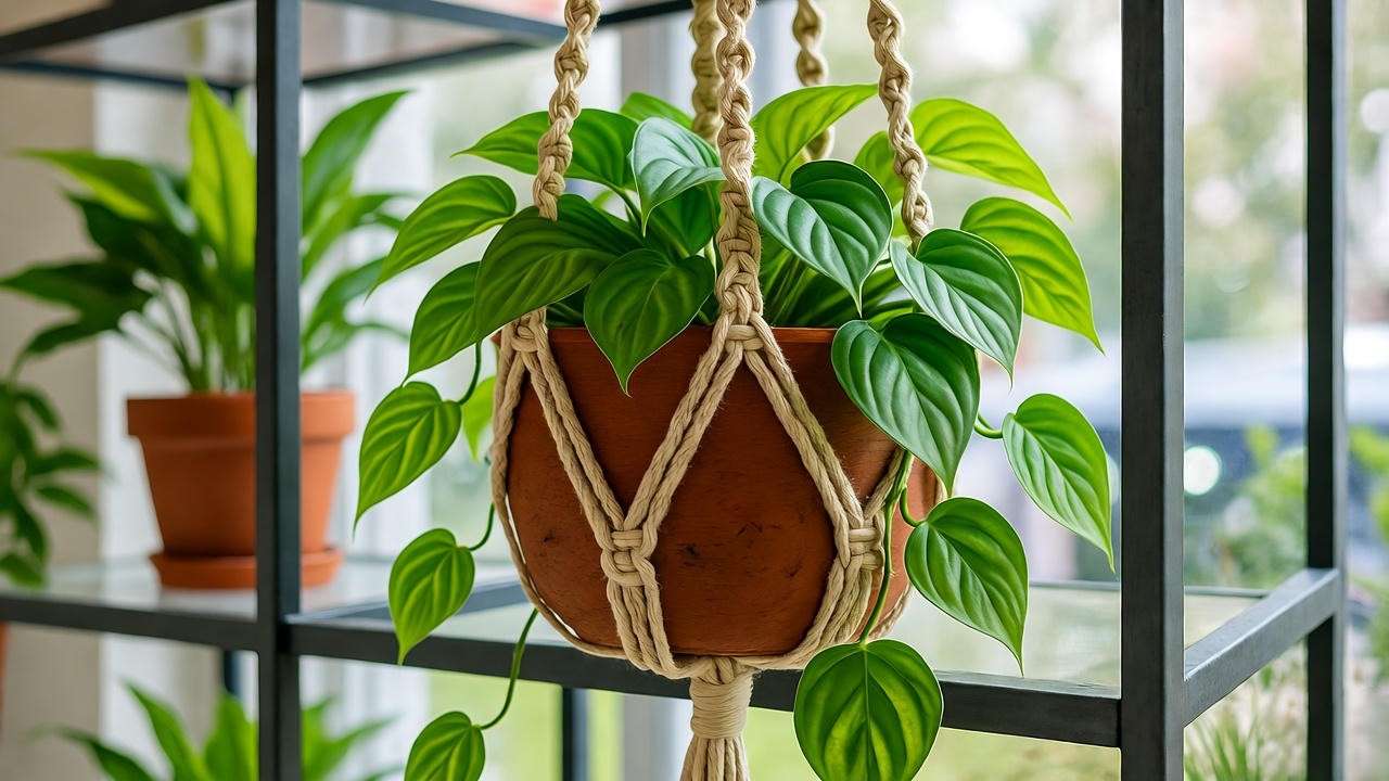 "Cordatum plant in a macramé basket on a shelf for modern home decor."