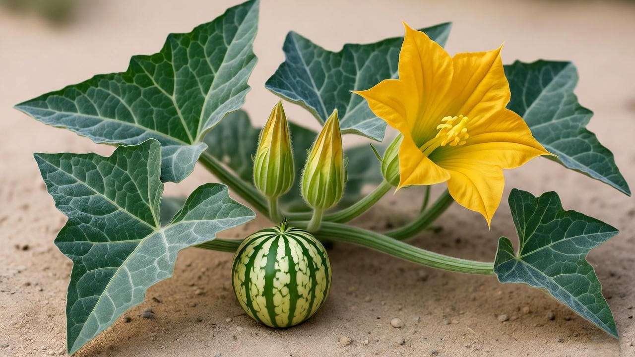 Coyote gourd plant identification: leaves, vine, yellow flower, and striped fruit in desert setting